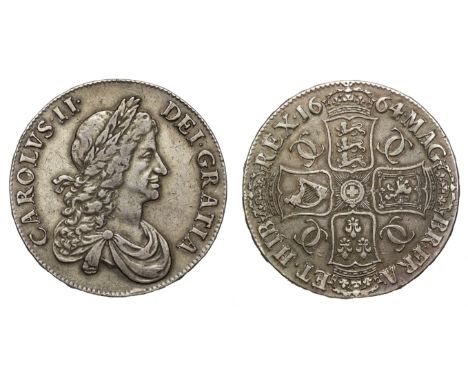 Charles II (1660-85), silver Crown, 1664, second laureate and draped bust right with crooked ties, Latin legend and toothed b