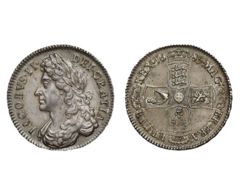 James II (1685-88), silver Halfcrown, 1685, first laureate and draped bust left, Latin legend and toothed border surrounding,