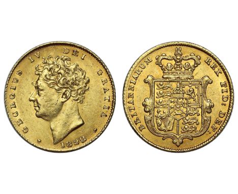 g George IV (1820-30), gold Half-Sovereign, 1828, bare head left, without extra tuft of hair by ear, date below, rosette eith