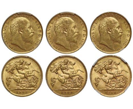 g Edward VII (1901-10), gold Half-Sovereigns (3), 1908, 1909, 1910, bare head right, De S. below truncation for engraver Geor