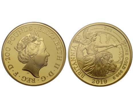g Elizabeth II (1952-2022), gold proof Two Ounces of Two Hundred Pounds Britannia, 2019, crowned head right, JC initials belo