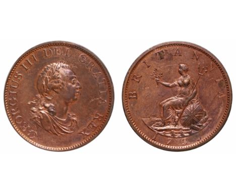 George III (1760-1820), copper Halfpenny, 1799, laureate and draped bust right, raised dot on shoulder, legend and toothed bo