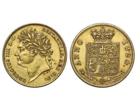 g George IV (1820-30), gold Half-Sovereign, 1824, first laureate head left, B.P. for Benedetto Pistrucci below neck, Latin le