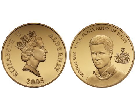 g Elizabeth II (1952-2022), gold proof Five Pounds, by The Royal Mint on behalf of Alderney, 2005, 21st Birthday Prince Harry