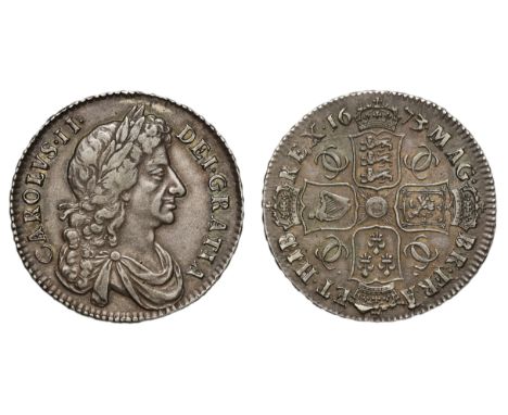 Charles II (1660-85), silver Halfcrown, 1673, fourth laureate and draped bust right, Latin legend and toothed border surround