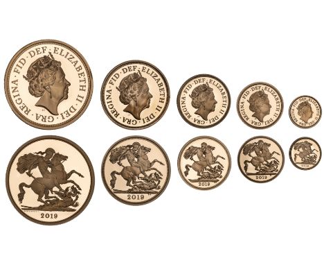 g Elizabeth II (1952-2022), gold proof 5-coins Set, 2019, Five-Pounds, Two-Pounds, Sovereign, Half-Sovereign and Quarter-Sove