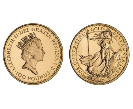 g Elizabeth II (1952-2022), gold proof One Ounce of One Hundred Pounds, Britannia, 1987, struck in .917 fine gold, crowned he