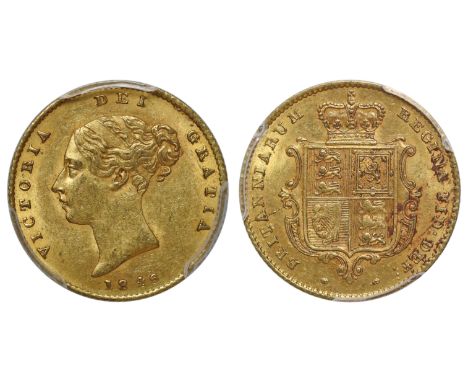g Victoria (1837-1901), gold Half-Sovereign, 1846, first young head left, date below, Latin legend and toothed border surroun