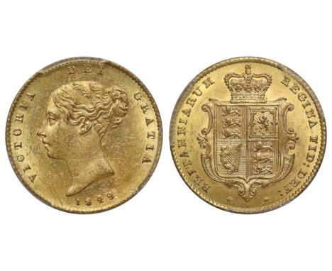g Victoria (1837-1901), gold Half-Sovereign, 1849, first young head left, date below, Latin legend and toothed border surroun