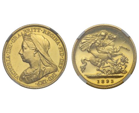 g Victoria (1837-1901), gold Proof Half-Sovereign, 1893, crowned, veiled bust left, T.B. initials below truncation for engrav
