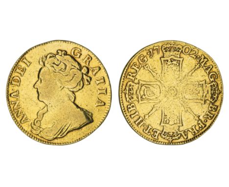 Anne (1702-14), gold Guinea, 1702, Pre-Union type, first draped bust left, Latin legend and toothed border surrounding, ANNA.