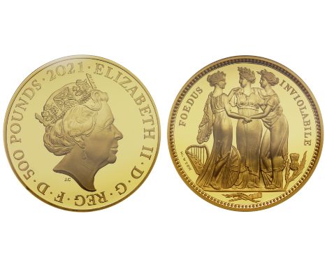 g Elizabeth II (1952-2022), gold proof Ten Ounces of Five Hundred Pounds, 2021, Three Graces, struck in 999.9 fine gold, crow