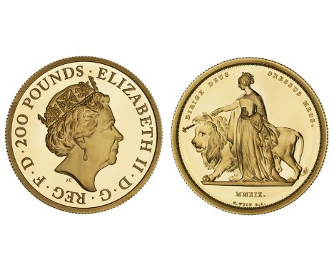 g Elizabeth II (1952-2022), gold proof Two Hundred Pounds, 2019, Una and the Lion, 2 Ounces of 999.9 fine gold, from the Grea