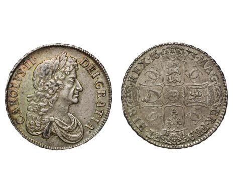 Charles II (1660-85), silver Crown, 1673, QVINTO edge, third laureate and draped bust right, Latin legend and toothed border 