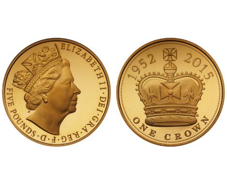 g Elizabeth II (1952-2022), gold proof Five Pounds 2015, Elizabeth II longest reigning monarch, unique obverse design of crow