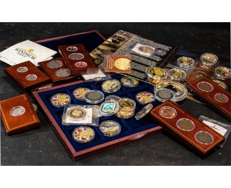 Collection of Commemorative Coins, gold plated, including Remembering World War II 1939-1945 boxed set, Winston Churchill, Qu