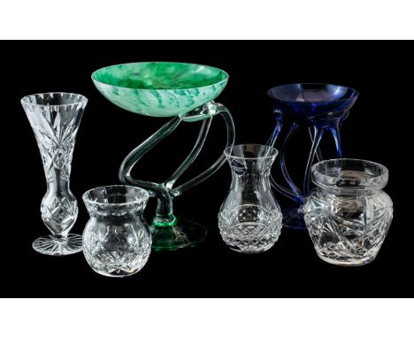 Small Collection of Coloured &amp; Edinburgh Crystal Glass Items, comprising a Cello hand made jade green bowl raised on a pe