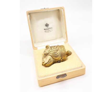 A Unique antique silver gilt and enamel Russian bear head, pill/snuff box. Diamond, ruby and pink sapphire decoration through