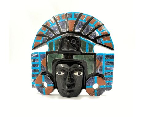 Hand-Crafted Obsidian Mayan God Mask with Inlaid Semi-Precious Gemstones. 19 x 18cm 
