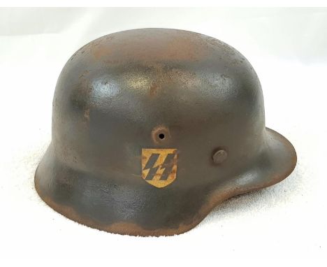 WW2 German M40 Helmet &amp; Liner with hand painted SS Decal. A lot of SS Helmets were re-furbished later in the War at the D