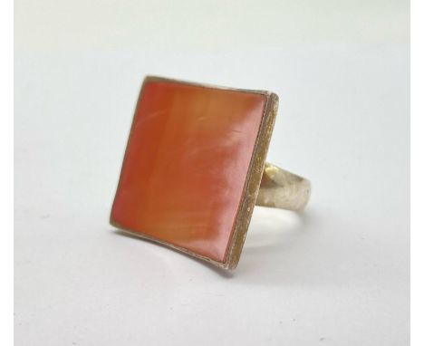 Sterling Silver with inlay pink stone ring. Weighs 9.7g. Size L. 