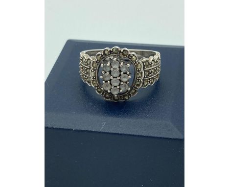 Vintage SILVER marcasite ring having pale AQUA stones set to top in Victorian style.Size R. 