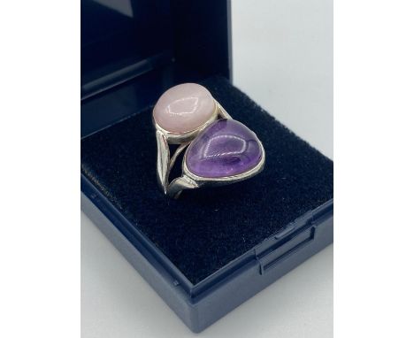 Rare and unusual DUAL GEMSTONE SILVER RING having both AMETHYST and MOONSTONE in a double Mount setting.Size O 1/2. 