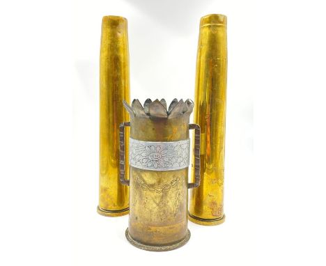 Trio of shell case art, 2 rose vases and a bouquet vase. Measurements of tallest vases 32cm. 