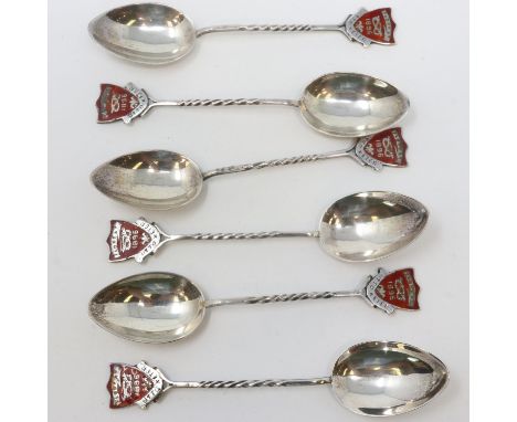Six hallmarked silver and enamel teaspoons by P.R.S &amp; Co, Uttoxeter 1896, Birmingham assay, 46g. P&amp;P Group 1 (£14+VAT