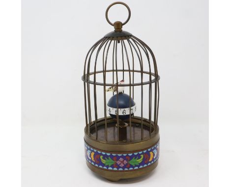 Brass and enamel bird cage clock, working at lotting, H: 23 cm. P&amp;P Group 1 (£14+VAT for the first lot and £1+VAT for sub