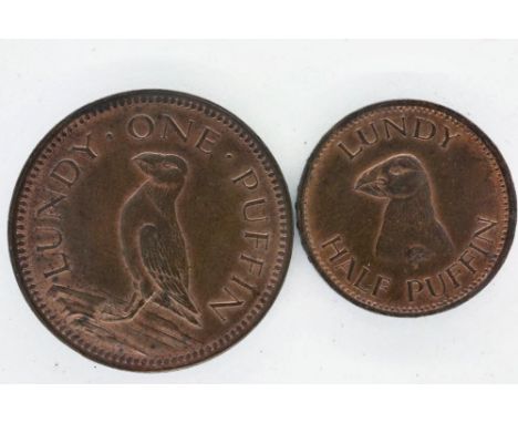 1929 Lundy one puffin and half puffin coins, both with lustre. P&amp;P Group 1 (£14+VAT for the first lot and £1+VAT for subs