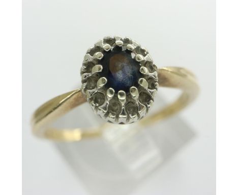 9ct gold cluster ring set with sapphire and diamonds, size S, 2.6g. P&amp;P Group 1 (£14+VAT for the first lot and £1+VAT for