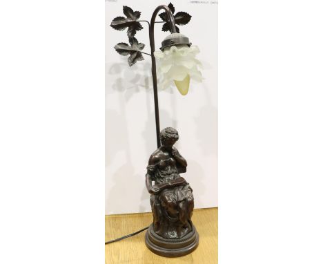 Art Nouveau style bronze effect figural table lamp with a floral glass shade, H: 57 cm. All electrical items in this lot have