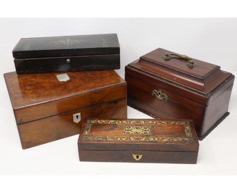 Four wooden boxes including a mahogany tea caddy and two glove boxes. P&amp;P Group 3 (£25+VAT for the first lot and £5+VAT f