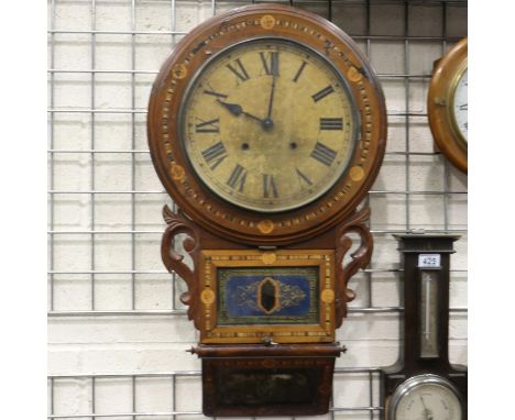 Inlaid walnut drop dial wall clock, for restoration, H: 76 cm. Not available for in-house P&amp;P 