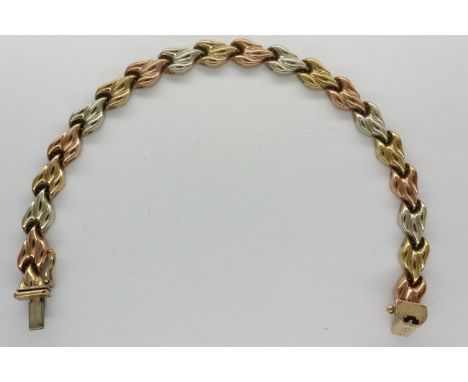 9ct gold tri coloured bracelet, L: 18 cm, 10.3g. P&amp;P Group 1 (£14+VAT for the first lot and £1+VAT for subsequent lots) 