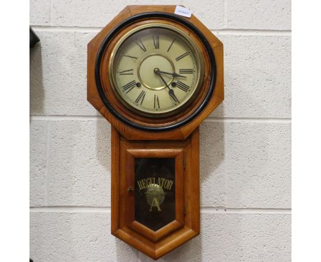 American early 20th century pine cased drop-dial wall clock, chiming on a gong, working at lotting, H: 58 cm. Not available f