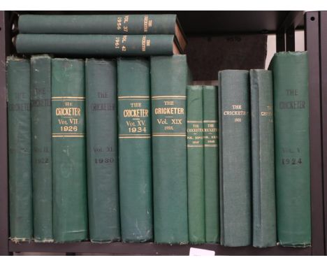Thirteen The Cricketer bound magazines, volumes 1 (1921) etc. P&amp;P Group 3 (£25+VAT for the first lot and £5+VAT for subse