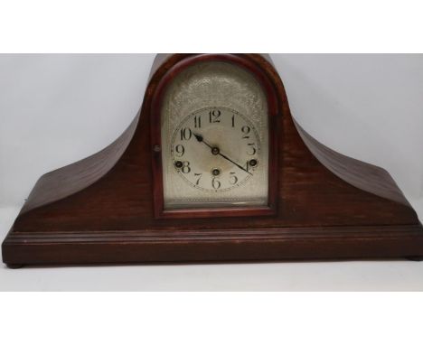 Keinzre early 20th century walnut cased mantel clock, German movement with five bar chime, with unusual silvered dial, workin