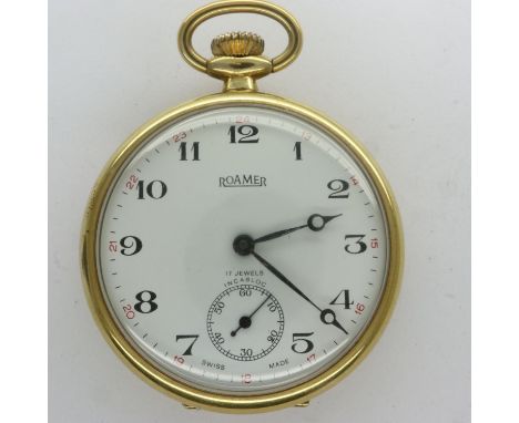 Gold plated Roamer pocket watch with subsidiary seconds dial, working at lotting. P&amp;P Group 1 (£14+VAT for the first lot 