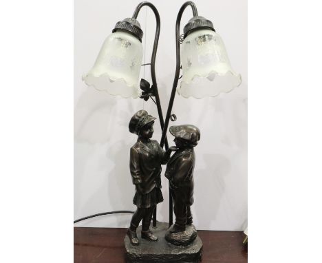 Modern bronzed figural table lamp, with two sconces and glass shades, H: 56 cm. All electrical items in this lot have been PA