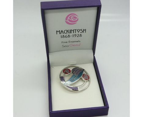 Rennie Mackintosh silver and enamel brooch, D: 35 mm. P&amp;P Group 1 (£14+VAT for the first lot and £1+VAT for subsequent lo