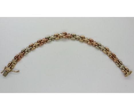 9ct gold tri coloured gold bracelet, L: 19 cm, 14.7g. P&amp;P Group 1 (£14+VAT for the first lot and £1+VAT for subsequent lo