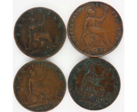 Four Victorian farthings 1858, 1860, 1861 and 1864. P&amp;P Group 1 (£14+VAT for the first lot and £1+VAT for subsequent lots