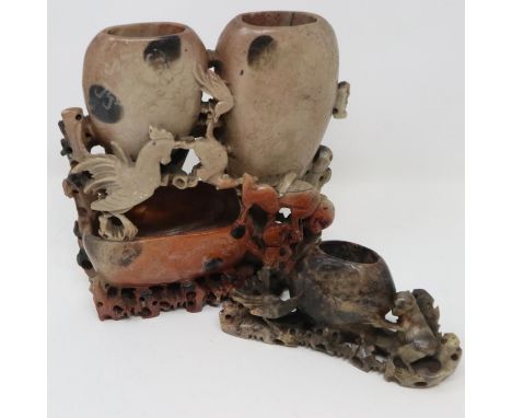 Two Chinese carved soapstone ink pots, each decorated with monkeys, largest H: 18 cm. P&amp;P Group 1 (£14+VAT for the first 