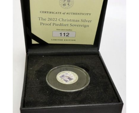 The 2022 Christmas Silver Proof Piedfort Sovereign, with coloured transfer, 112/295, boxed with certificate. P&amp;P Group 0 