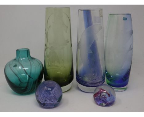 Six pieces of Caithness glass comprising four vases and two paperweights, largest H: 23 cm. P&amp;P Group 3 (£25+VAT for the 