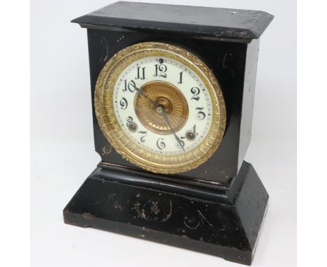 American 19th century metal cased mantel clock by Ansonia, chiming on a gong, working at lotting. Not available for in-house 