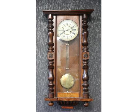 19th century continental walnut cased Vienna wall clock, chiming on a gong, working at lotting, H: 95 cm. Not available for i