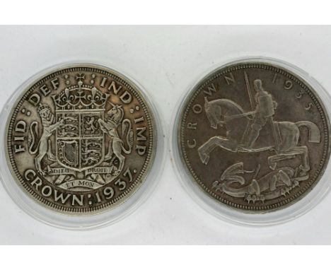 1935 silver Rocking Horse crown of George V and 1937 silver crown of George VI (2). P&amp;P Group 0 (£5+VAT for the first lot